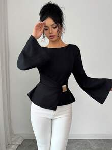 Elenzga Áo sơ mi nữ dáng suông, tay chuông, thắt eo trang trí khóa kim loại, cỡ tiêu chuẩn, thích hợp cho công sở. - màu đen - Xem 6