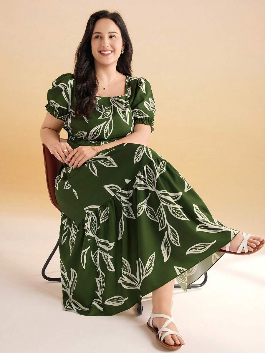 Momelise Đầm maxi dáng chữ A rộng rãi, tay ngắn, cổ vuông, in họa tiết, chất liệu vải dệt, thích hợp cho nữ, phù hợp mặc đi nghỉ mát, đi biển hoặc các dịp thường ngày, mang lại sự thoải mái và thanh lịch. Thích hợp cho mùa xuân và hè. - màu xanh lá - Xem 1