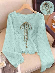 Franclia Suéter estilo blogger con bloqueo de color, cordones, calado y flecos florales, estilo europeo y americano - Azul menta - Ver 1