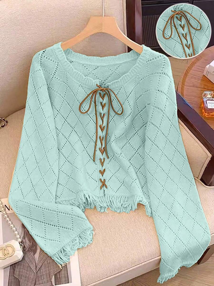 Franclia Suéter estilo blogger con bloqueo de color, cordones, calado y flecos florales, estilo europeo y americano - Azul menta - Ver 1