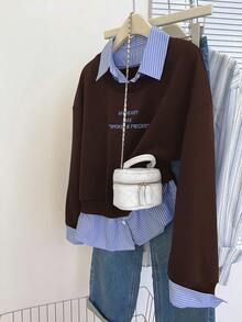 INAWLY Women's Casual Striped Shirt Collar Slogan Print Drop Shoulder Long Sleeve Sweatshirt, Autumn Primavera A Estate Brown - Coffee Brown - View 3