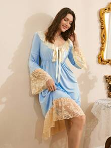 French Romantic Elegant Lace Patchwork Flare Sleeve A-Line Women Nightgown - Baby Blue - View 3