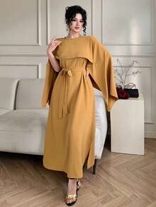 DAZY Bộ 2 món váy không tay màu trơn thanh lịch dành cho nữ, kiểu dáng bất đối xứng và áo khoác ngoài, thích hợp cho mùa xuân/hè, váy dự tiệc cưới cho nữ. - Màu vàng - Xem 8