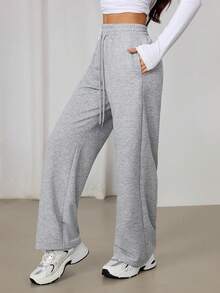 SHEIN PETITE Women's Drawstring Waist Casual Loose Straight Leg Sweatpants, Grey, Suitable For Spring/Summer - Multicolor - View 6