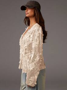 Athîral Áo kiểu dự tiệc thời trang dành cho nữ, cổ chữ V sâu, đính sequin, thắt eo. - Màu be - Xem 5