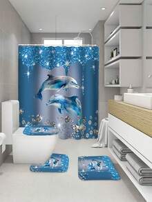 1PC/ 4PCS Luxury Dolphin Diamond Bath Curtain Set Premium Polyester Waterproof Mildew Resistant Extra Wide Bathroom Decor Sea Animal Print Home Spa Blue Silver Modern Style Trending Gifts - Multicolor - View 6