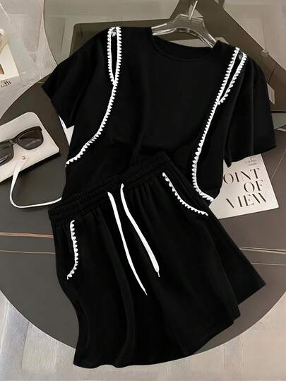 GlowEve CURVE Plus Size Women Casual Contrast Trim Long Sleeve Top And Drawstring Waist Shorts 2 Piece Set