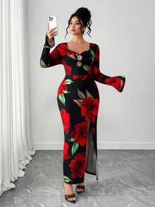 Elenzga Plus Size Elegant Commuter Floral Print High Slit Dress