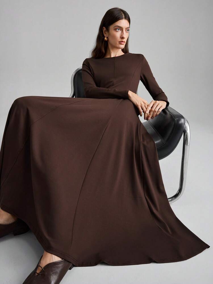 2026 Spring/Summer Women's Long Dress, Minimalist Elegant Urban Chic, Versatile Commuter Solid Color Waist Cinched Long Sleeve Maxi Dress, A-Line, Split Design, Off-Shoulder, Party, Vacation