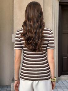 Solivie Women's Basic Striped Short Sleeve T-Shirt, Casual Daily Wear - Coffee Brown - View 2