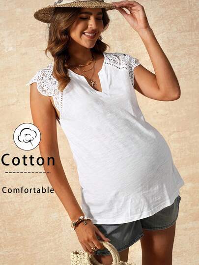 Boho Mama 孕妇度假休闲纯色蕾丝拼接V领T恤