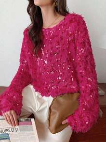 Elyressa 1pc Fashionable Fluffy Sequin European Design Loose Relaxed Fit Crew Neck Pullover Sweater, Cropped Soft & Cozy Elegant Women Winter Outfit - Hot Pink - View 6