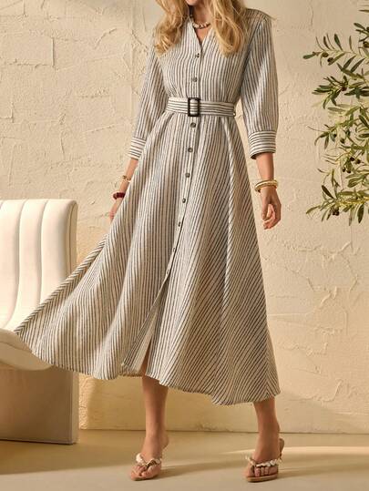 Bóhologie Women's Beige Striped Shirt Dress – Long Sleeve, Button Down, Belted Waist, Collared Midi Dress, Boho Vacation Linen Blend, Casual Elegant Office Wear Fake Linen Midi Dress With Sleeves Belted Dress Women Casual Midi Dress Long Sleeve Summer Dresses French Style Dress