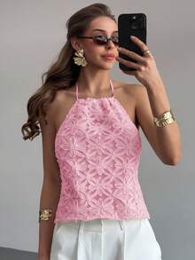 Aloruh Stylish Pink Woven Fabric Halter Top For Women With Cold Shoulder Detail And Knot Asymmetrical Hem - Pink - View 6