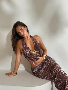 Aloruh 女士优雅系带露背豹纹上衣和低腰鱼尾裙两件套 - 彩色 - 查看 6