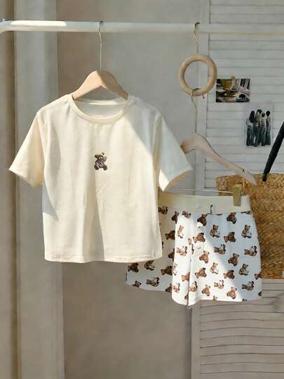 CovetEZ 2pcs/Set Women's Casual Clothing 2026 New Style Home Casual Cute Bear Pajamas, Sweet And Pure Pattern Bear Comfortable T-Shirt, Tight Top, Short Sleeve And Tight Bear Shorts, Pure And Stylish Versatile Set Teddy Bear Pajama Set Women Short Set Women's Short Set