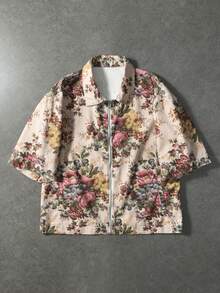 ROMWE MEN Spring/Summer Casual Graphic Men'S Floral Print Zip-Up Casual Short Sleeve Denim Jacket - Multicolor - View 1