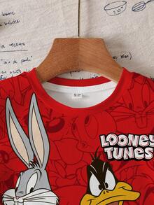 LOONEY TUNES X SHEIN 男童休闲日常通勤街头风趣味卡通字母图案短袖T恤，夏季 - 白色 - 查看 5