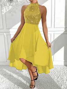 Chiquease 1 chiếc đầm maxi thanh lịch đính sequin, cổ yếm, vạt bất đối xứng, thích hợp cho các bữa tiệc ngày lễ dành cho nữ. - Màu vàng - Xem 5