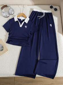 SHEIN Sparklyn 少女两件套学院风套装：藏蓝色撞色滚边 Polo 衫和阔腿裤，舒适休闲套装，适合日常上学和周末外出穿着。 - 藍白色 - 查看 4