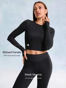 GLOWMODE FeatherFit™ Soft Stretchy Ribbed Seam-Dividing Design Long-Sleeve Tee Top Low Impact Yoga Pilates Studio Daily Casual Wear Removable Cups  Spring Summer - Black - View 5