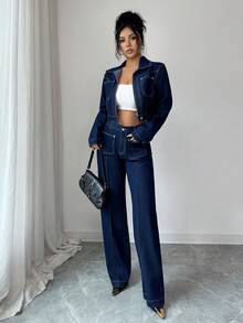 Elenzga Casual Loose Non-Stretch Dark Washed High-End Lapel Jacket & Straight Leg Jeans Set - Dark Wash - View 3