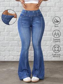 Flexra Quần jeans ống loe ôm vừa vặn, giặt thường ngày dành cho nữ - Rửa trung bình - Xem 1