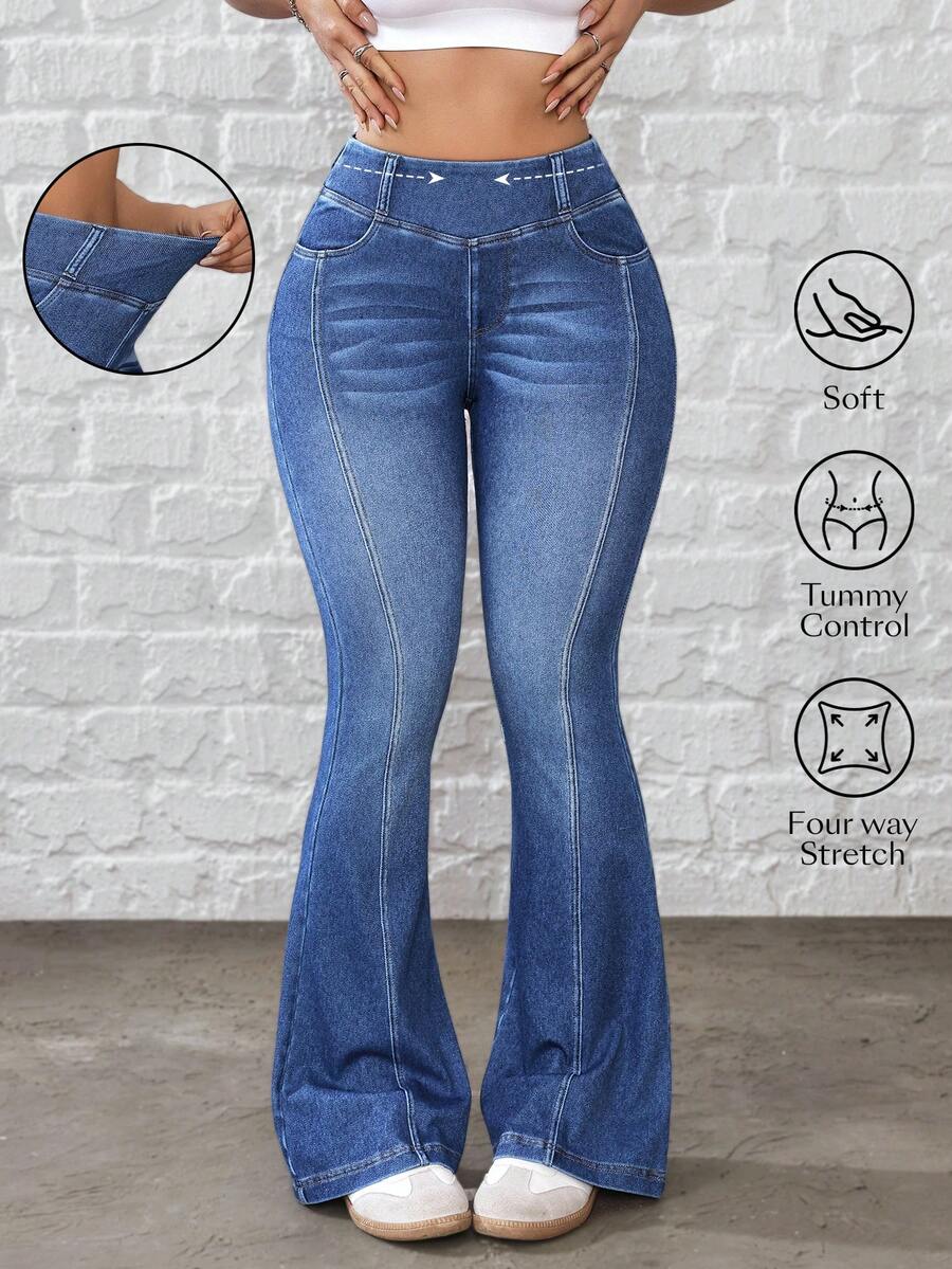 Flexra Quần jeans ống loe ôm vừa vặn, giặt thường ngày dành cho nữ - Rửa trung bình - Xem 1