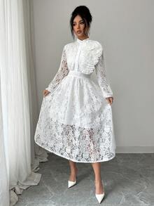 Lyxana Đầm dài tay cổ đứng màu trơn dành cho nữ, có ren ở eo. - trắng - Xem 4