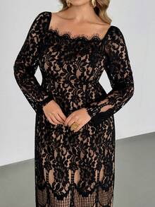 Auralis Plus Size Women's Lace Contrast Square Neck Long Sleeve Floral Dress,Elegant,Formal,Wedding Guest,Beige,Autumn,Eyelash Trim Fitted Waist Midi Dress - Multicolor - View 1