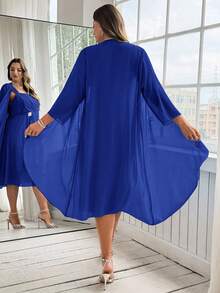 Ellevyn Plus Size Elegant Solid Color Heart Print Knitted Elastic A-Line Dress With Rhinestone Decor, Dress And Jacket Set - Royal Blue - View 2