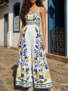 CAJUNI Women's Floral Print Waist Cutout Wide Leg Jumpsuit, Vacation Wear - Blue - View 5