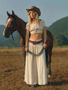 WESTFADE Scoop Neck Contrast Stitch Button Front Short Sleeve Cropped Smocked Top - Apricot - View 5