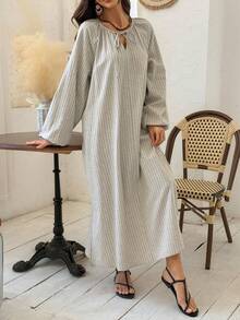 Vivie Lora 女士竖条纹宽松中长衬衫裙 - 杏色 - 查看 7