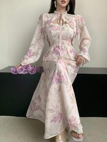 DAZY 2pcs/Set Women's Ditsy Floral Shirt Top And Dress Suit, Suitable For Spring, Summer, Valentine's Day - Pink - View 9