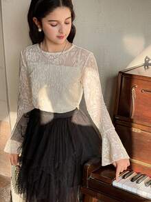 DAZY Tween Girls Round Neck Lace Fabric Fitted Flare Sleeve T-Shirt Spring - White - View 3