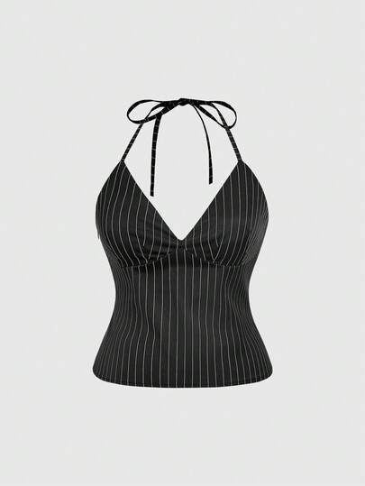 ROMWE Goth Plus Size Women Striped All-Match Halter Neck Tank Top