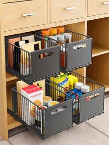 两件套拉出式橱柜储物架，重型滑出式食品储物架，滑动抽屉式食品储物架，适用于厨房、客厅、家居、厨房水槽储物、食品储藏室、浴室、橱柜储物、卧室装饰、装饰、储物和收纳 - 黑色 - 查看 9