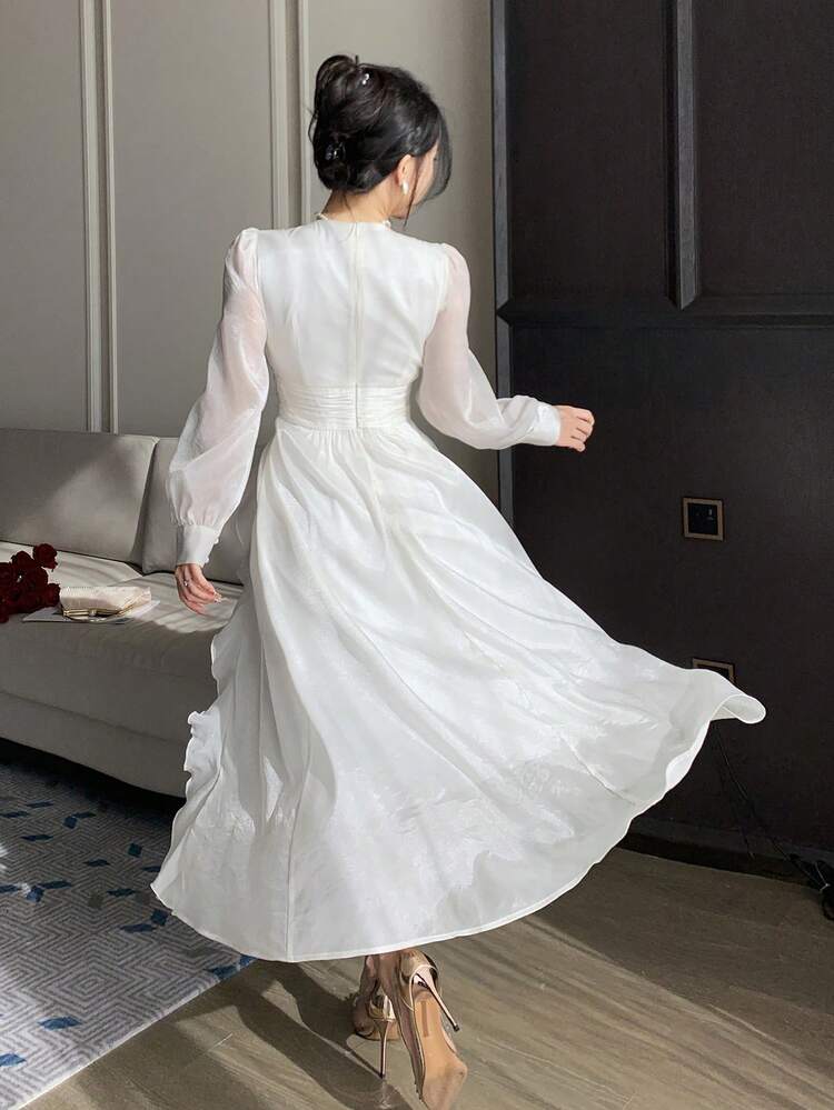 Women's Elegant Solid Color V-Neck Ruffle Puff Sleeve Long Dress, Spring Wedding Guest Dress Sundress