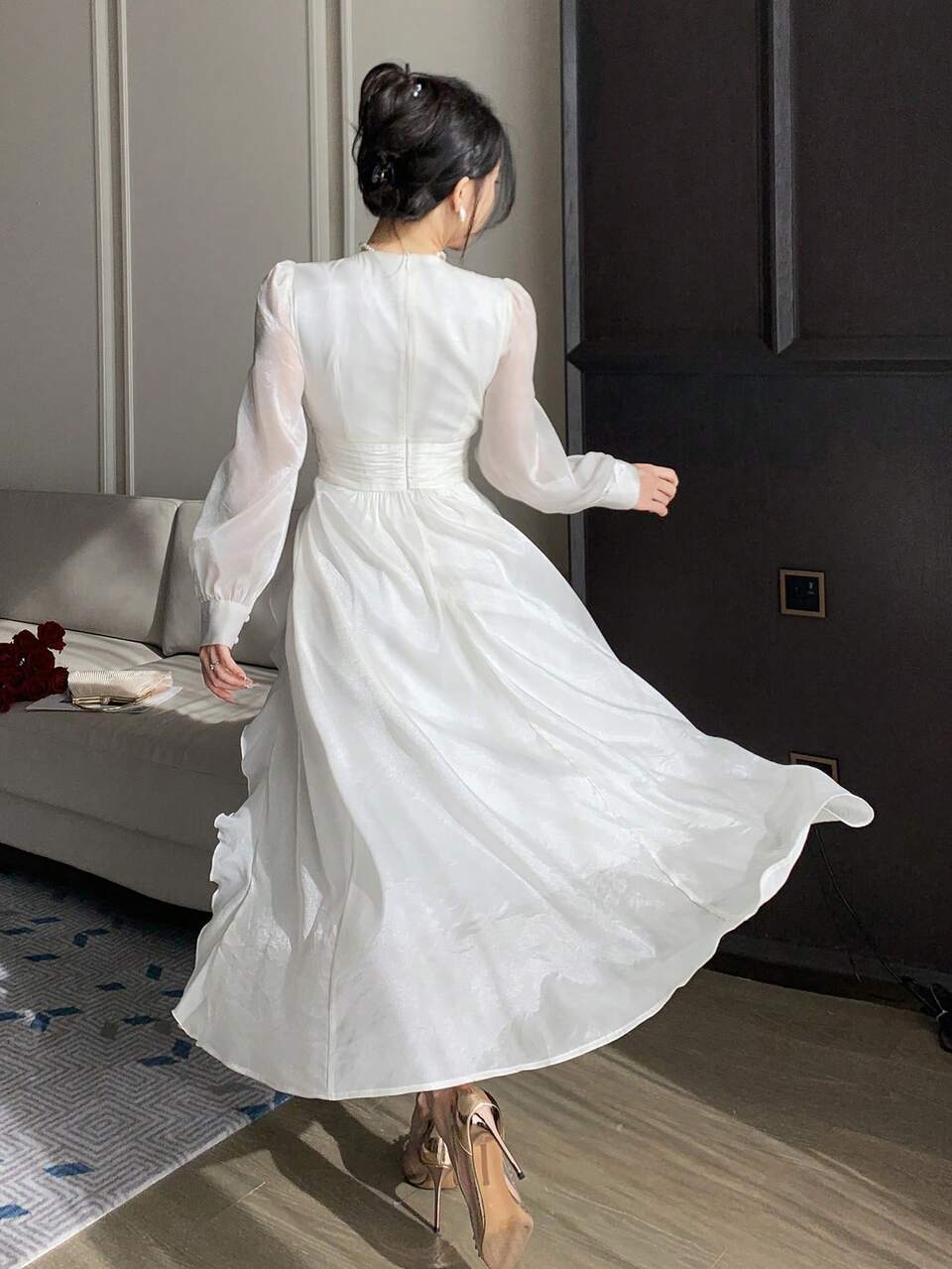 Women's Elegant Solid Color V-Neck Ruffle Puff Sleeve Long Dress, Spring Wedding Guest Dress Sundress