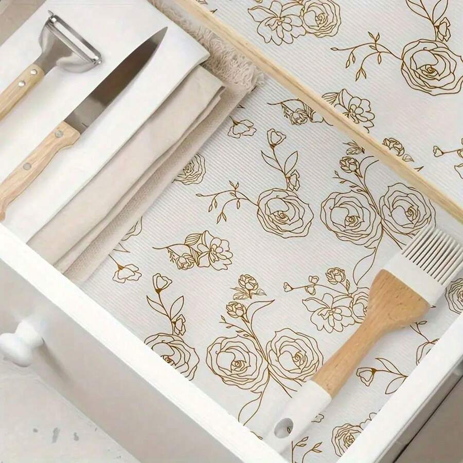 Gold Rose Printed Non-Stick Drawer Liner: Made Of EVA Material, Removable Drawer Mat For Kitchen Cabinet ,Dehumidifier For Home - Clear - View 1
