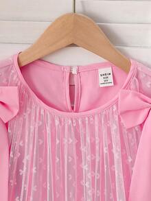SHEIN Elegant Fashion Ruffle Trim Pearl Decor Mesh Girls Dress Pink Bow Ruffle Strap Dress - Pink - View 3