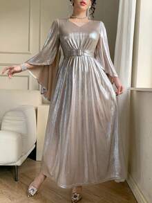 DAZY Women's Elegant Solid Color V-Neck Ruffle Sleeve Belted Long Dress, Spring/Summer Wedding Guest Dress Maxi Dress Sundress - Apricot - View 3