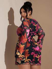 SHEIN BAE فستان قصير بأكمام طويلة للمرأة بمقاسات كبيرة، خريف/شتاء - روز أحمر - مشاهدة 2