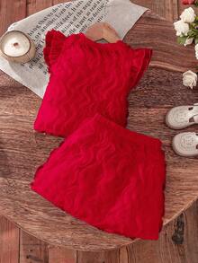 SHEIN Elladie kids 两件套少女时尚碎花荷叶袖法式衬衫上衣+半裙可爱甜美套装，夏季 - 紅色 - 查看 2