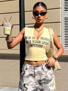Muchica Women's Letter Print V-Neck Fitted Cropped Tank Top For Going Out Outfits, Streetwear, Y2K Clothes, Spring/Summer - Yellow - View 5