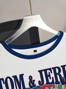 TOM & JERRY X SHEIN 加大码夏季休闲撞色卡通字母图案短袖T恤 - 白色 - 查看 6