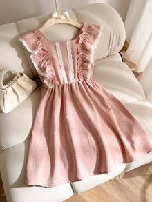 Elladie kids 1 pieza Vestido casual de princesa para niñas preadolescentes con mangas de encaje, hombros descubiertos, cintura elástica, tela ligera y decoración floral elegante para el verano - Rosa - Ver 4