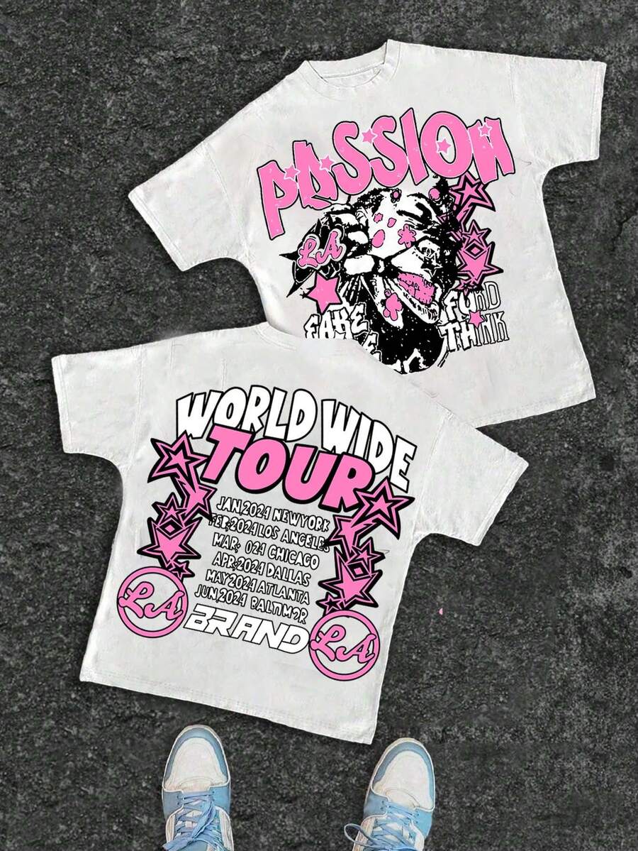 Slaydiva 女士休闲简约圆领短袖宽松T恤，适合街头、嘻哈风格，人像印花，适合嘻哈风格 - 彩色 - 查看 1