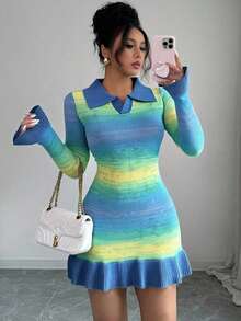 优雅渐变色莲花荷叶边领长袖修身连衣裙，适合春秋季穿着 - 彩色 - 查看 5